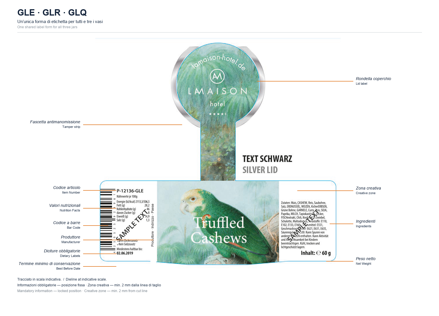 Struttura dell'etichetta in tre parti per i vasi GLE, GLR e GLQ